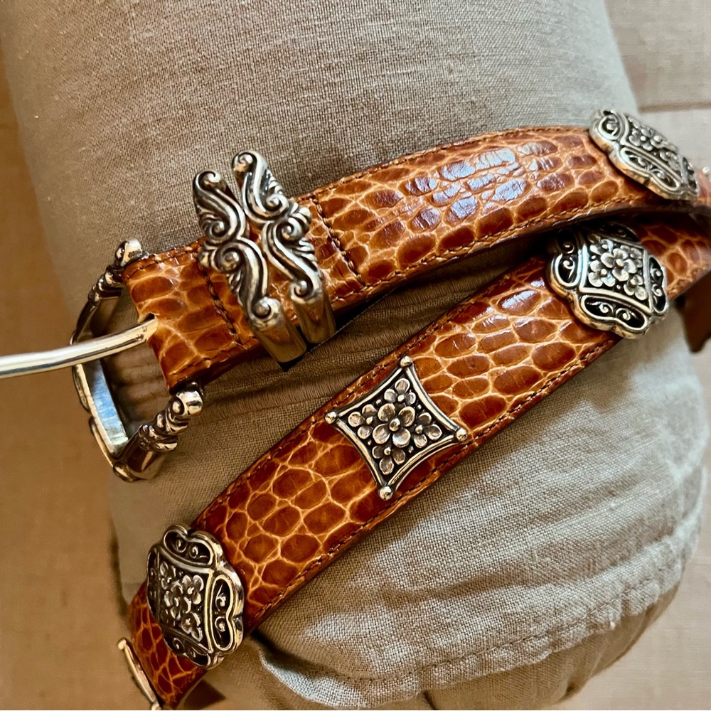 Brighton cognac leather belt w/ silver filigree detail